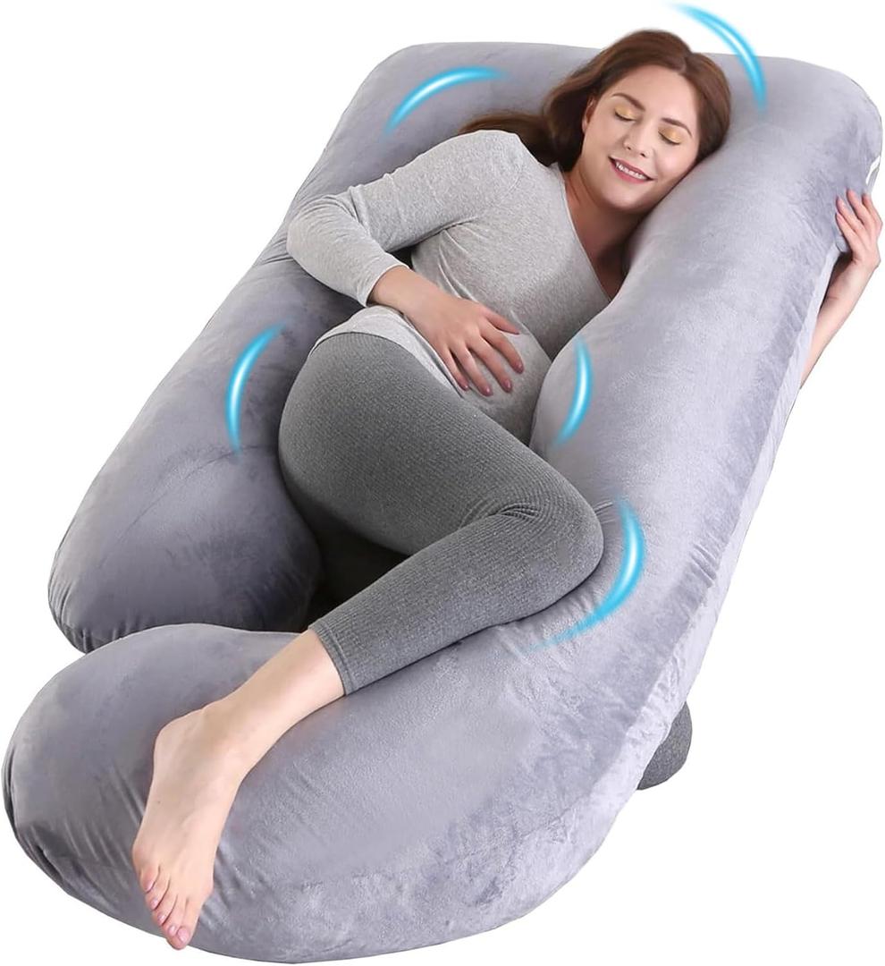 U-Shaped Pregnancy Pillow for Sleeping, Full Body Support for Back, HIPS & Belly - 57 Inch Maternity Pillow with Machine Washable Cover | Maternity Essential (Velvet Grey-57inch)