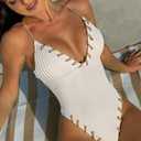 WODECASA Women's V Neck High Cut One Piece Swimsuit Ribbed Criss Cross Tie Back Bathing Suit Monokini (Beige, L)