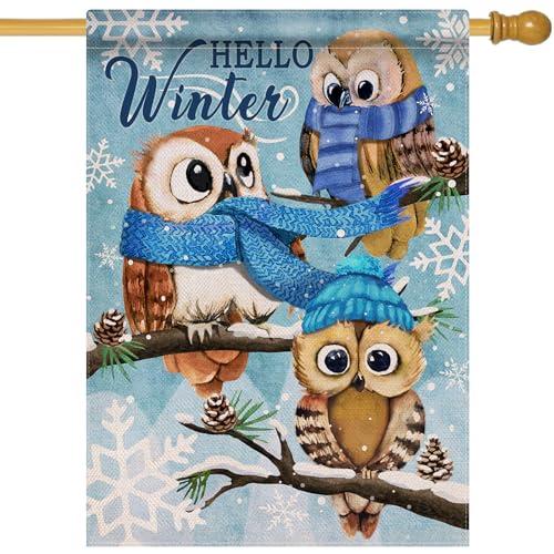 Covido Home Decorative Hello Winter Owls Family House Flag, Animals Yard Outside Decorations, Christmas Snow Farmhouse Outdoor Large Decor Double Sided 28x40