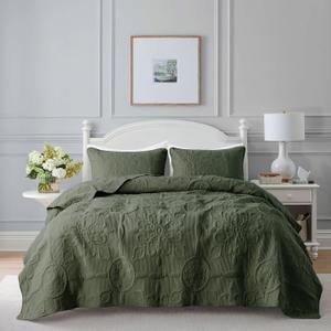 Damask Quilt King Size Bedding Sets with 2 Pillow Shams, Boho Bedspread Lightweight Soft Farmhouse Vintage Bohemian Coverlet Retro Jacquard Pattern Bed Cover for All Season, 3 Pieces, Moss Green