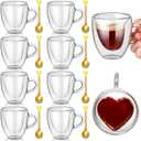 Nuogo 16 Pcs Heart Shaped Double Walled Glass Coffee Cups and Teaspoons Set Clear Mugs 2.8oz/80ml Heart Insulated with Handle for Milk Tea Juice Coffee Valentines Wedding Couples
