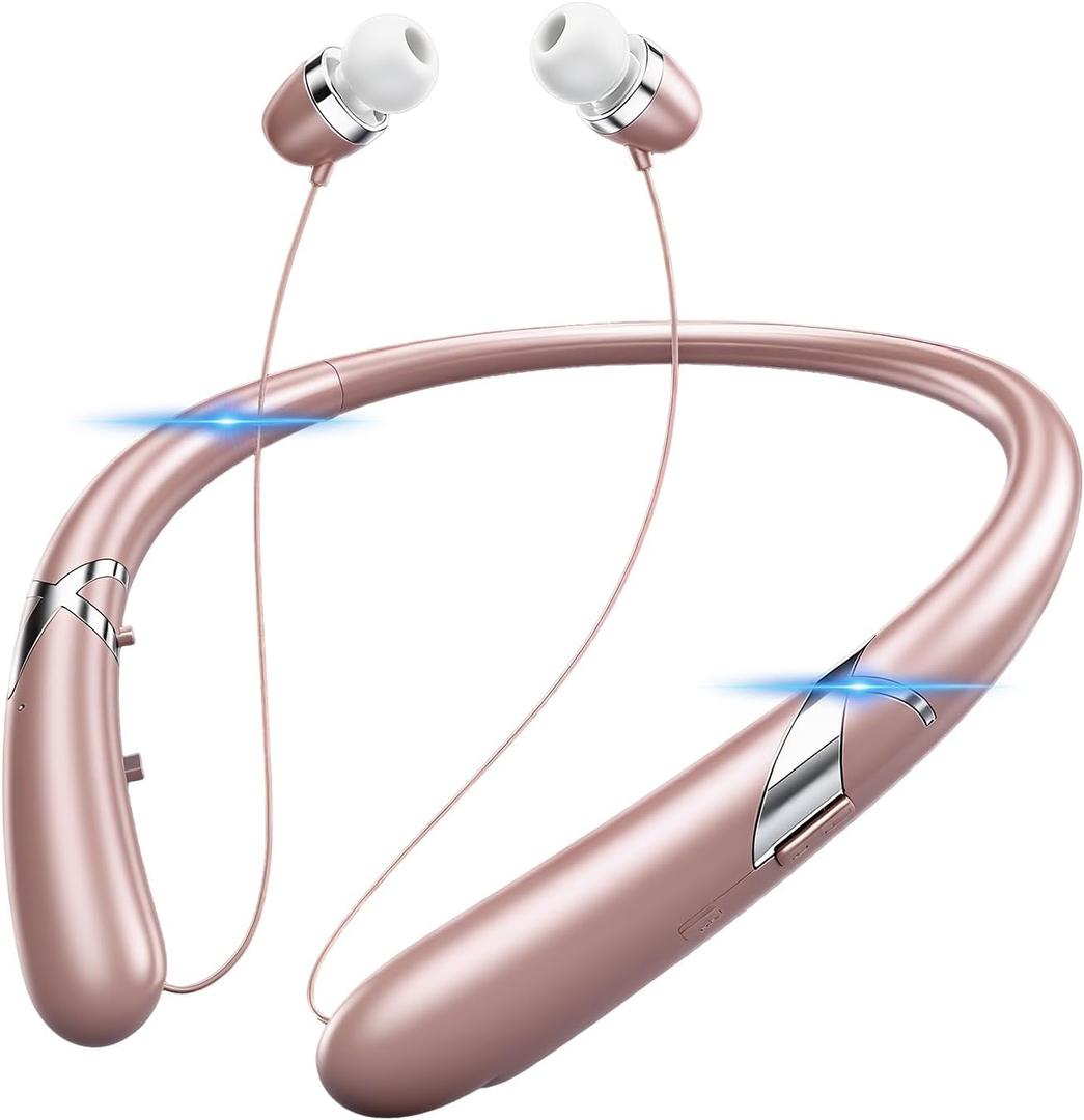 Bluetooth 5.3 Neckband Bluetooth Headphones, Retractable Headphone with Fast Pairing & IPX5 Waterproof, Retractable Design for Travel and Daily Use (Pink)