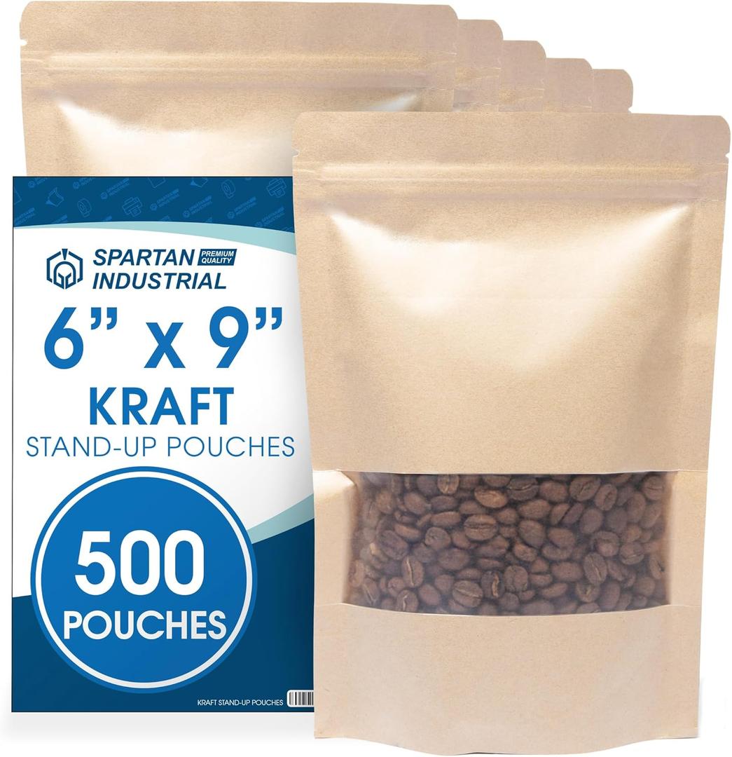 Spartan Industrial - 6" X 9" Kraft Zip Top Food Storage Bags - Pack of 500 Smell-Proof Resealable Pouches for Packaging Coffee, Tea, Spices, Snacks, and More