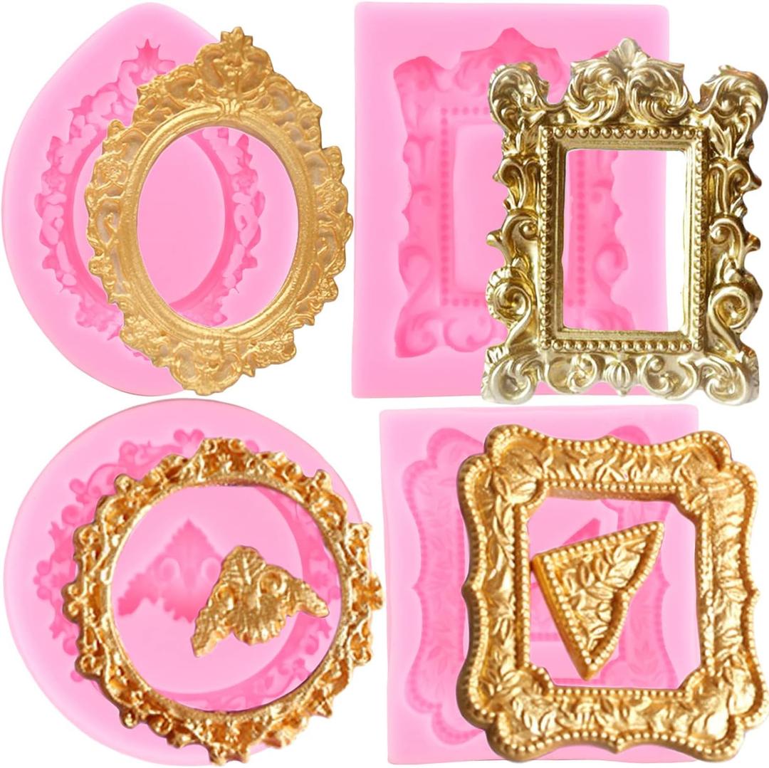 Mujiang Photo Frame Fondant Molds Picture Frames Silicone Mold Vintage Frame Molds For Cake Decorating Cupcake Topper Chocolate Candy Polymer Clay Set Of 4