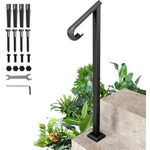Handrails for Outdoor Steps, 1-2 Step Single Post Handrail, 38" H Rustproof Wrought Iron Stair Railing with Assembly Tool Kit for Concrete Steps, Wood Steps, Black