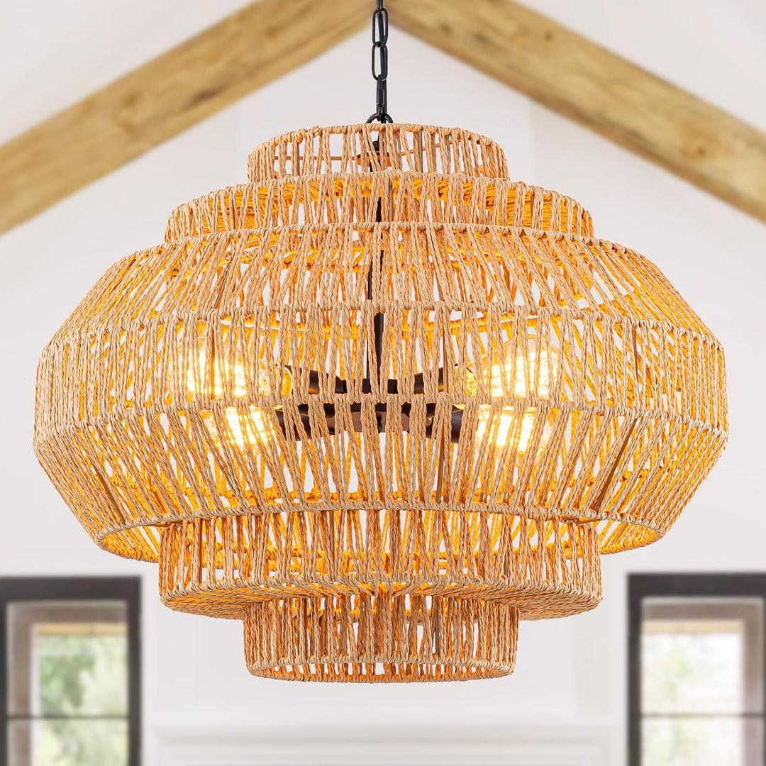 23.6 Rattan Chandelier Dinning Room Pendant Light Fixture Boho Chandelier Boho Hanging Light Large Basket Light Woven Rattan Pendant Light for Kitchen Island Bedroom Farmhouse Living Room