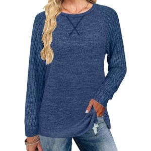 JomeDesign Long Sleeve Shirts for Women Crew Neck Sweatshirts Lightweight Sweaters Side Split Loose Casual Blouses (Medium, Blue)