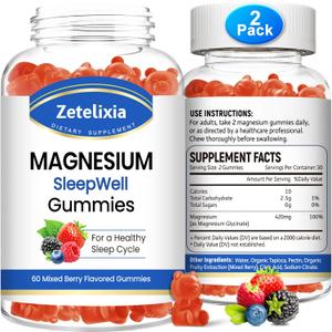 Magnesium Glycinate Gummies, High Absorption Magnesium Supplement for Adults Kids, Relaxation, Brain, Muscle & Bone Support, Melatonin Free, Sugar Free, Mixed Berry Flavor, 120 Cts (60 Count (Pack of 2))