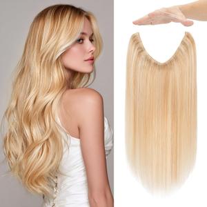 Halo Hair Extensions Real Human Hair Invisible Wire Extensions with Transparent Fish Line Adjustable Size Ash Blonde & Bleach Blonde 18 inch