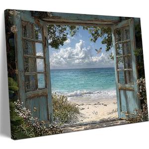 Coastal Beach Window View Wall Art, Ocean Seascape Decor, 24" L x 16" W