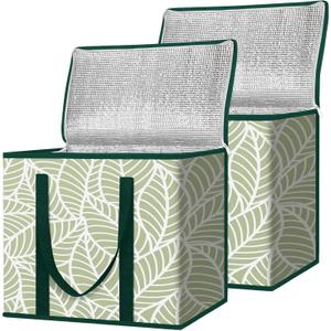 BALEINE 2Pk Insulated Reusable Grocery Bags, Collapsible Cooler Bag for Groceries, Heavy Duty Large Insulated Bag (16''x9''x13'', Antique Foliage)