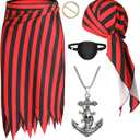 Pirate Costume Women Skirt Dress Accessories Set with Head Scarf Eye Patch Necklace Halloween Pirate Outfits (Red+black)