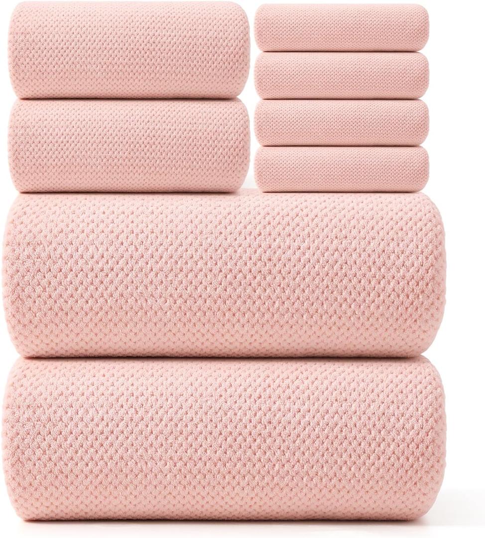 REDKISS Pink Towel Set of 8 - Ultra Soft Microfiber, Contains 2 Large Bath 35x70, 2 Hand 14x30, 4 Washcloths 14x14, Highly Absorbent, Quick Dry, Ideal for Everyday use, Hotel & Spa, Pink