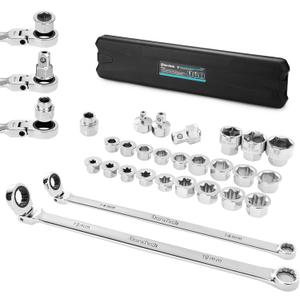 DURATECH 27PCS Extra Long Flex Head Ratcheting Wrench Set, 8-22mm, Double Box End Ratchet Wrench Set with E-type 8-22mm Replacement Heads, 10x19mm, 1/4", 3/8", 1/2" Socket Adapters