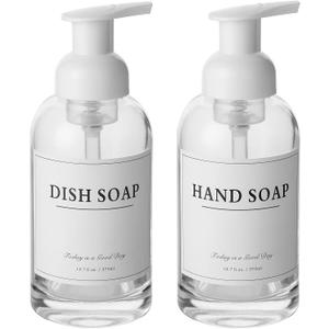 rejomiik 2 Pack Foaming Soap Dispenser Thick Glass Foam Hand Soap Dispenser for Bathroom or Kitchen Sink, 13 oz Clear Pump Bottles for Hand soap, Body Wash, White