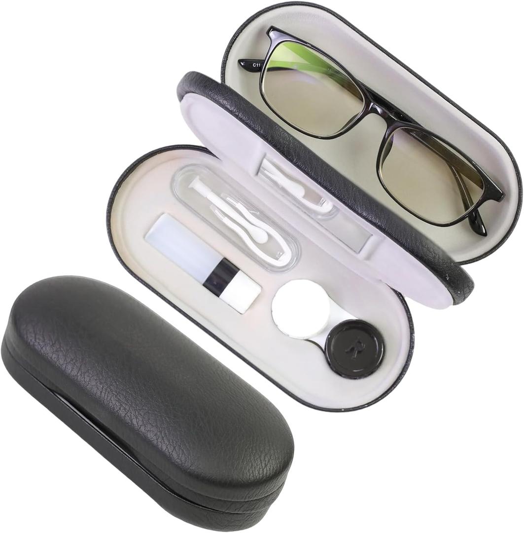 2 in 1 Contact Lens Case and Eyeglasses Case for Women Men Kids, Double Sided Hard Shell Portable Glasses Travel Holder with Built-in Mirror, Contact Lens Box Storage Kit, Black