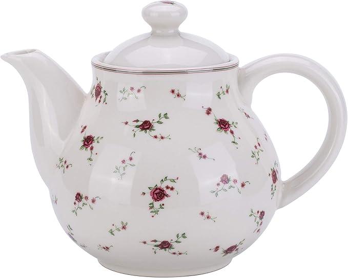 Lonovel Porcelain Teapots with Lids,Vintage Teapot Beautiful Rose Design,Floral Ceramic Tea Pot Large for Kitchen and Dinning,China Teapot for Afternoon Tea or Coffee,Home Decorative Good Gifts,Beige