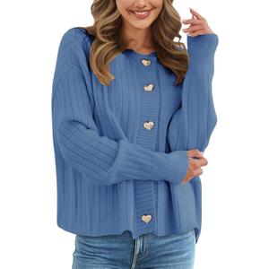 CiCiBird Women's Long Sleeve Metal Button Cardigan Sweater Ribbed Crew Neck Knit Jacket 2025 Fall Casual Coats Size S