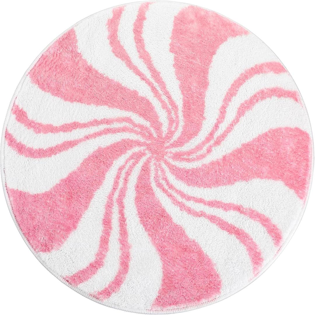 Breling 1 Pcs Christmas Bathroom Rug Small Decor Christmas Kitchen Bathroom Rug Winter Bath Mats Non Slip Carpet for Tub Living Dining Holiday(Candy,Pink,15.75 x 15.75)