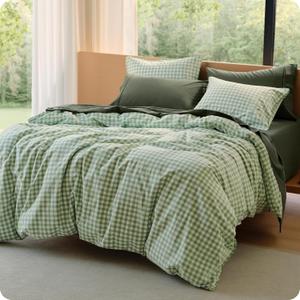 Bedsure Gingham Duvet Cover Queen, 100% Washed Cotton Duvet Cover LinenLike, PureWoven with Reversible YarnDyed Design & DoubleStitch Craft, 3-Piece with Zipper, Gingham Willow Green, 90"x90"