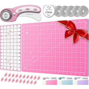 Rotary Cutter Set pink - Quilting Kit incl. 45mm Fabric Cutter, 5 Replacement Blades, A3 Cutting Mat, Acrylic Ruler and Craft Clips - Ideal for Crafting, Sewing, Patchworking, Crochet & Knitting y