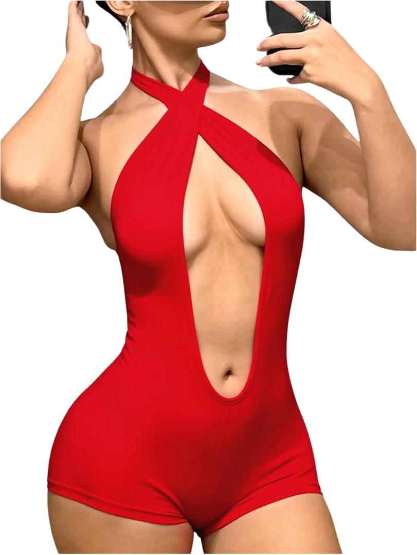 BEAUDRM Women's Sexy Club Outfits Backless Rompers Rave Date Night Cut Out Criss Cross Halter Shorts Party Jumpsuits (Solid Red, Medium)