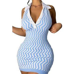 Ryehack Womens Summer Halter Mini Dress Backless Sundress Striped V Neck Bodycon Beach Vacation Sexy Birthday Club Outfits (Blue, XXL)