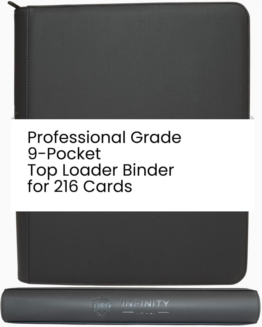Premium Top Loader Binder for 216 Cards - Non-Tenting 9 Pocket Double Sided Design - Zipper-Enclosed Ringless Toploader Binder (Scratch Resistant, Black Interior, 216 Cards)