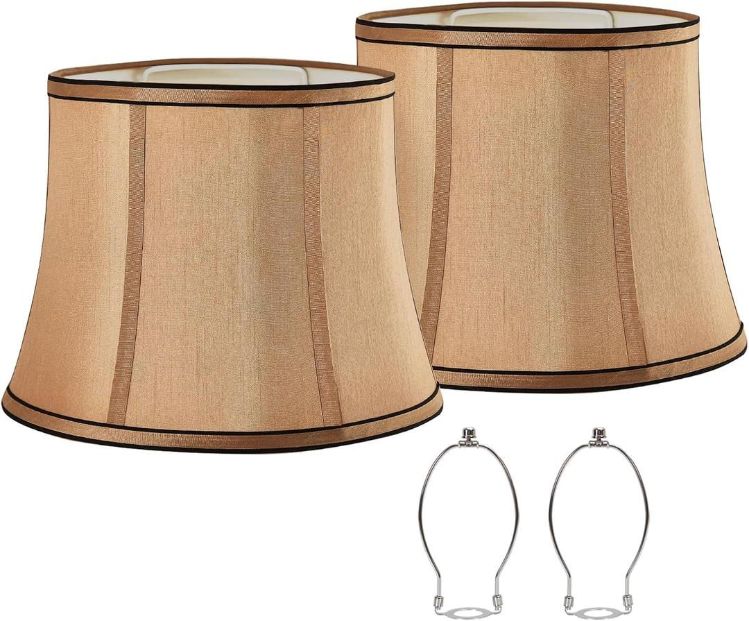 Brown Drum Lampshades Set of 2 With Royal Design, 13" Bottom x 10" Top x 10" High, Medium Shade for Table or Floor Lamp, Harp Holder Included