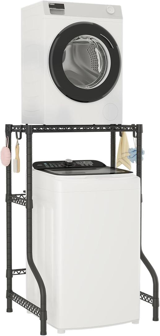 ULIFHOME U16 Upgraded Washer Dryer Stacking Rack for Narrow Laundry Room and Bathroom, Metal Over Washer and Dryer Storage Shelves for Saving Space, 29.5" W x 23.6" D x 53.1" H, Black
