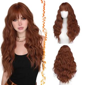 Natural Red Long Wavy Wig With Bangs - Long Wavy Auburn Wig with Bangs for Women - 26 Inch Thick Soft Synthetic Natural Looking Easy Wear Daily Cosplay Party Halloween Redhead Auburn Wigs