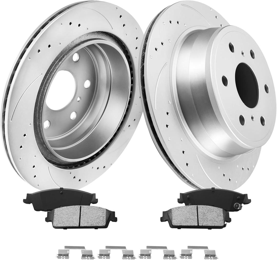 MOTOREVO Rear Brake Pads and Rotors Kit Compatible with Silverado 1500 [ 2007-2013 ], High-Carbon Alloy Drilled & Slotted Discos de Frenos Delanteros [ 13.6in, App Specific ] [ 2007: New Body Style ]