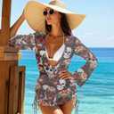 Irisjudy Cover Ups for Women Swimsuit Terror Skull Side Tie Chiffon Swimwear Coverup Gothic Bloody Rose Sexy V-Neck Beachwear (L)