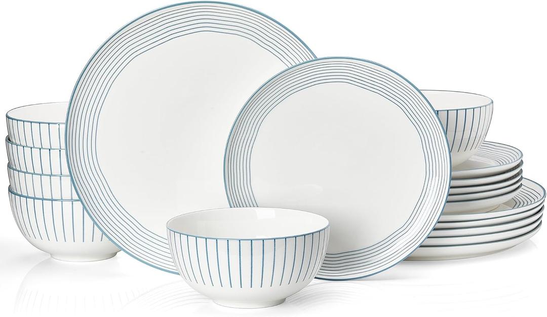 Sweese 18Pcs Lightweight Porcelain Dinnerware Set for 6, Stripe Blue