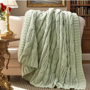 Amélie Home Chunky Knit Throw Blanket, Dual-Sided Soft Chenille Breathable Cable Knitted Blanket for Couch, Farmhouse Decorative Throw for Sofa & Chair, 50"x60", Sage Green