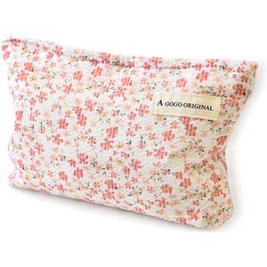 Aesthetic Makeup Bag Cotton, Quilted Floral Make up Bags, Travel Toiletry Bag Women, Daily Use Cosmetic Bags for Girls, Pink Makeup Bag for Purse, Cosmetics Organizer Pouch (Pink)