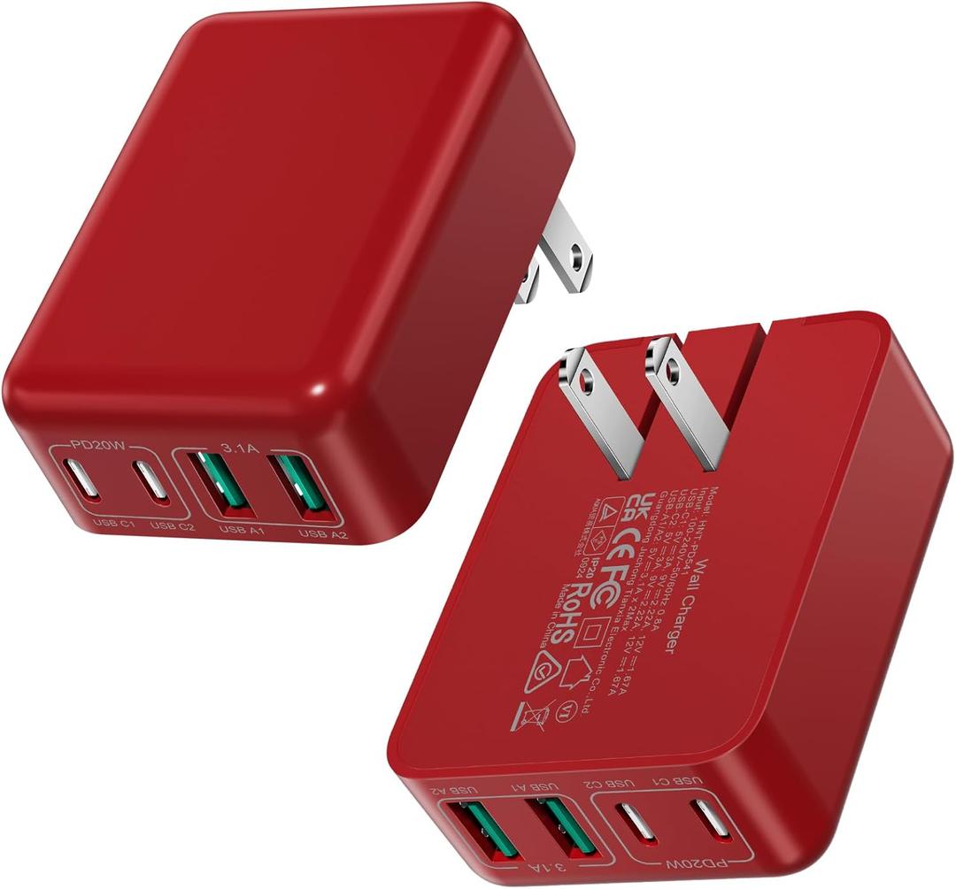 Flat USB C Wall Plug 2Pack 40W Foldable Slim Fast Charging Block 4Ports USB C Charger Block Cube Box Compatible with iPhone 16 Samsung, Pixel, Tablets, Multiport Power Adapter Plug Brick Christmas Red