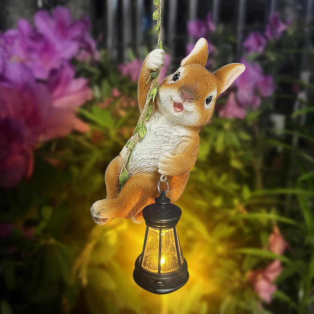 Joliyoou Solar Light Outdoor Statues, 6.9" H Resin Rabbit Climbing On A 23.6" L Vine with LED Lantern, Waterproof Hanging Bunny Figurine with Hook for Easter Yard Garden Wall Balcony Tree Decoration