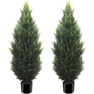4FT Artificial Cedar Topiary Tree Lifelike Faux Cedar Pines Christmas Trees UV Rated Faux Shrubs Everygreen Plants for Front Porch Outdoor Decor Set of 2