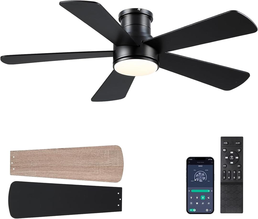 Ceiling Fans with Lights,46-Modern Low Profile Ceiling Fan with Remote Control,5 Dual-Sided Blades,Reversible DC Motor,Black Small Flush Mount Ceiling Fan for Bedroom Indoor/Outdoor Use (Brushed Nickel)