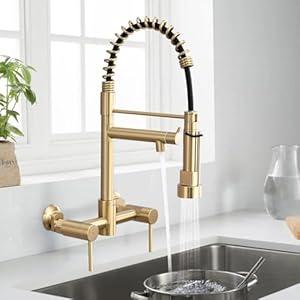 DEMIINUS Wall Mount Kitchen Faucet with Pull Down Sprayer, 8 Inch Center Commercial High Arc Kitchen Sink Faucet, 2 Handle Wall Mount Faucet for Kitchen Sink, Brushed Golden