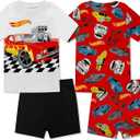 Hot Wheels Boys Pajama Set - 4 Piece Short Sleeve & Shorts Pajama Set - 100% Cotton Pjs, Snug-Fit Kids Summer Pajamas (6, Red White)