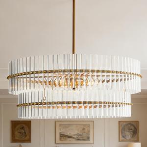 Crystal Fluted Glow Chandelier, Finial Details, Craftsmanship, Fluted Modern Design,Bronze-Finished Iron Finials, Light Fixtures for Dining Room,Not Includes Bulb,34" l x 34" w x 10" h