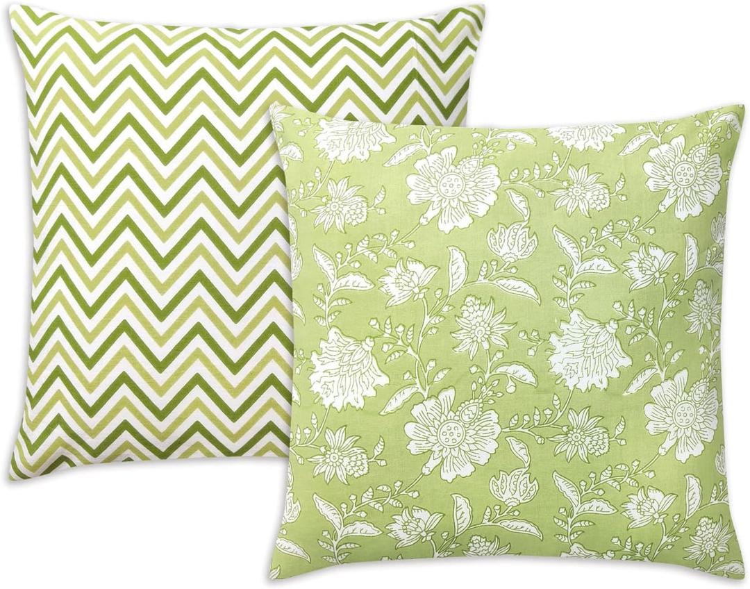 AVKA Studio Light Green Decorative Throw Pillow Covers - Reversible 100percent Pure Cotton Block Print Accent Pillows Set of 2 Floral Indian for Couch Bed Sofa Cover Only, 18x18 Inches