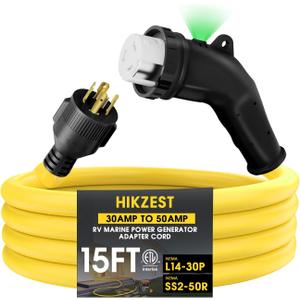 15FT NEMA L14-30P to SS2-50R RV Marine Power Generator Adapter Cord, 30A 4 Prong Locking Generator L14-30P Male to 50A Marine Shore Power SS2-50R Female with 135 Elbow Grip Handle LED Power Indicator