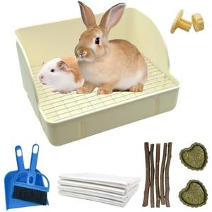 MUYG Rabbit Litter Box Toilet,Bunny Plastic Square Cage Toilet with Grate Rabbits Corner Litter Bedding Small Animal Pet Bunny Box Potty Trainer Pet Pan for Guinea Pig,Ferret,Chinchilla(White)