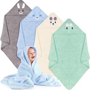 Preboun 4 Pcs Baby Bath Towel Coral Fleece Baby Hooded Towel Absorbent Soft Towels for Newborn Cartoon Animal Hooded Bath Blanket for Kids Toddler Infant Shower (Cute Style)