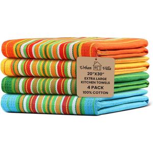 Urban Villa Kitchen Towels 100% Cotton Dish Towels for Kitchen(Set of 4)20x30 Dish Cloths Highly Absorbent Kitchen Linen Set with Hanging Loop Perfect for Drying Dishes Cleaning Towels -Multi Color (002 Multicolor - Stripes)