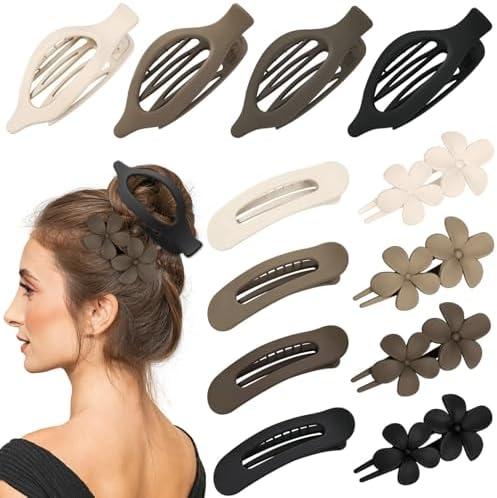 12 Pcs Neutral Colors Flat Hair Clips, YINGFENG Flat Claw Clip for Women, Matte Non-Slip Flower Claw Clips for Thin Thick Hair, Suitable for Women and Girls Wedding Party Accessories
