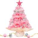 MODFUNS Pink Small Christmas Tree Tabletop Artificial Mini Christmas Trees 2ft Small Xmas Tree with Lights Pencil Christmas Tree with Plastic Base Family Christmas Trees for Winter Holiday Decor (24 Inch)
